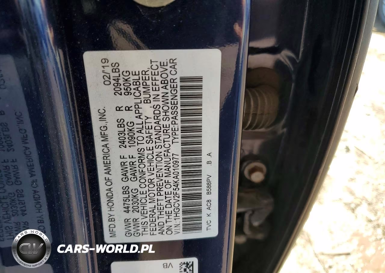 2019 Honda Accord Exl VIN:1HGCV2F54KA010977 - 12