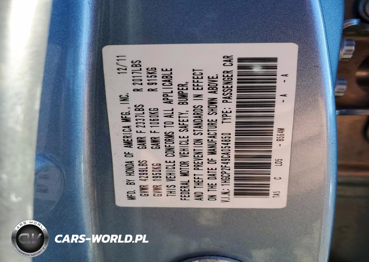 2012 Honda Accord Lxp VIN:1HGCP2F49CA054850 - 12
