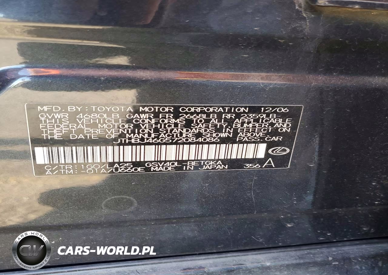 2007 Lexus Es 350 Base VIN:JTHBJ46G572084086 - 12