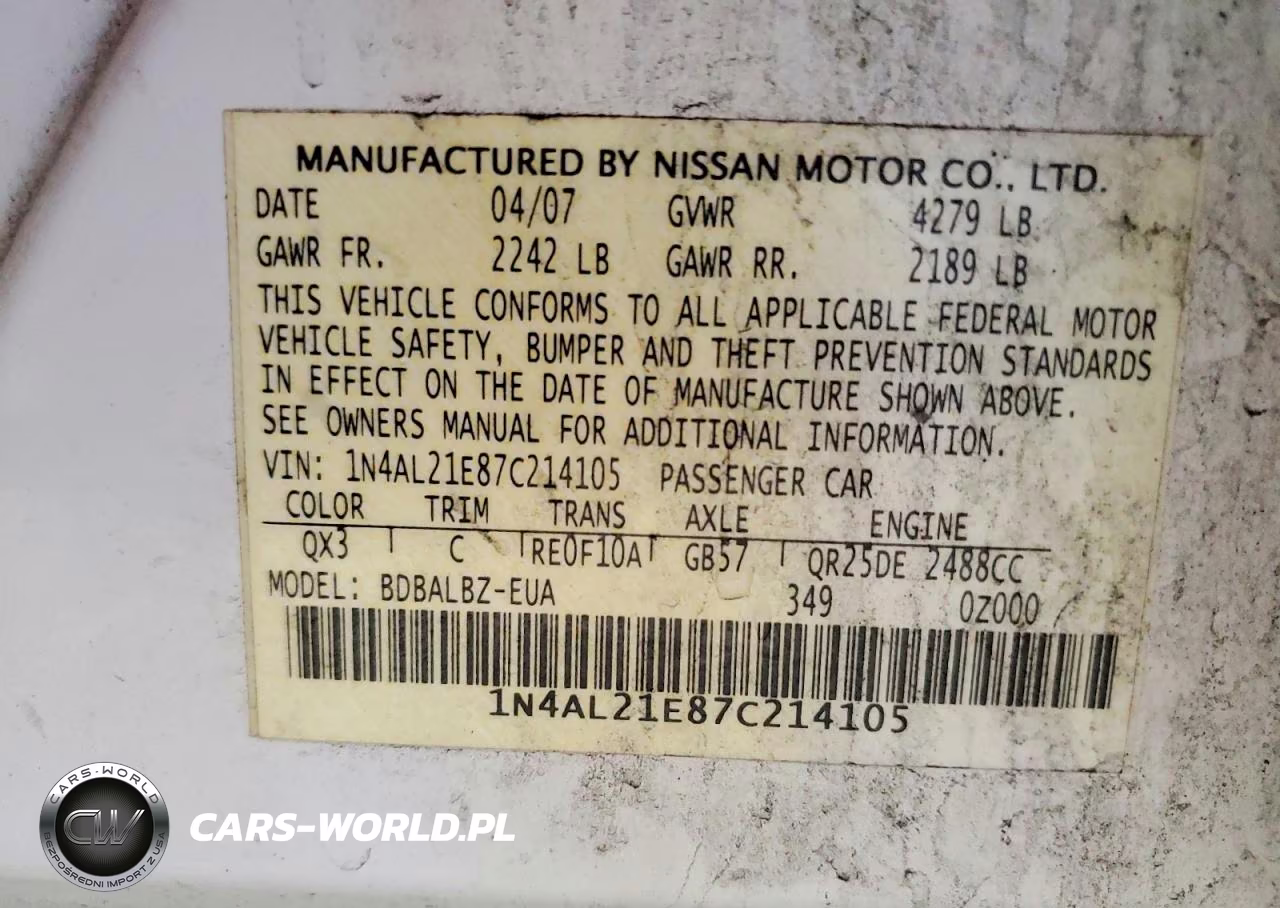 2007 Nissan Altima 2.5 VIN:1N4AL21E87C214105 - 12