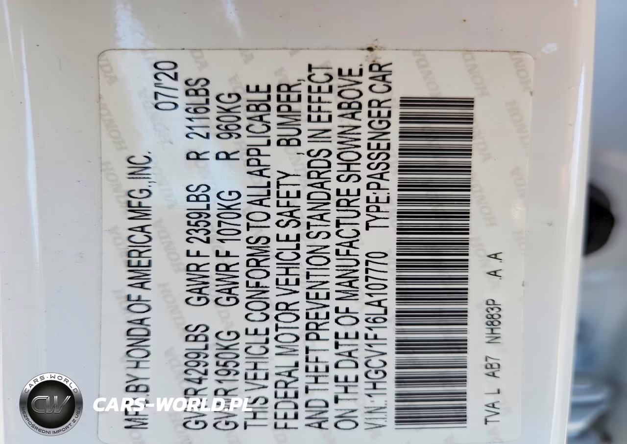 2020 Honda Accord VIN:1HGCV1F16LA107770 - 12