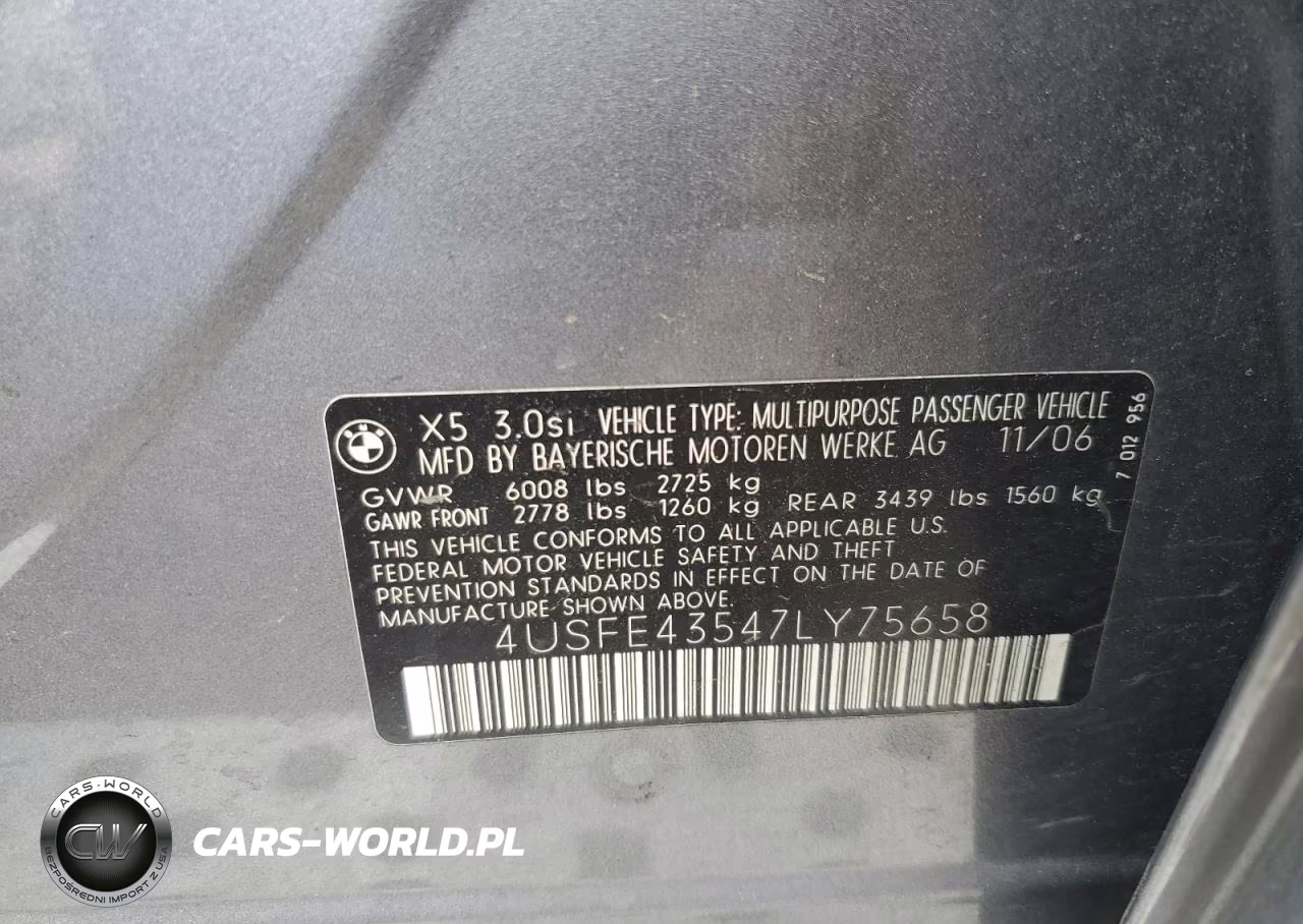 2007 BMW X5 3.0I VIN:4USFE43547LY75658 - 13