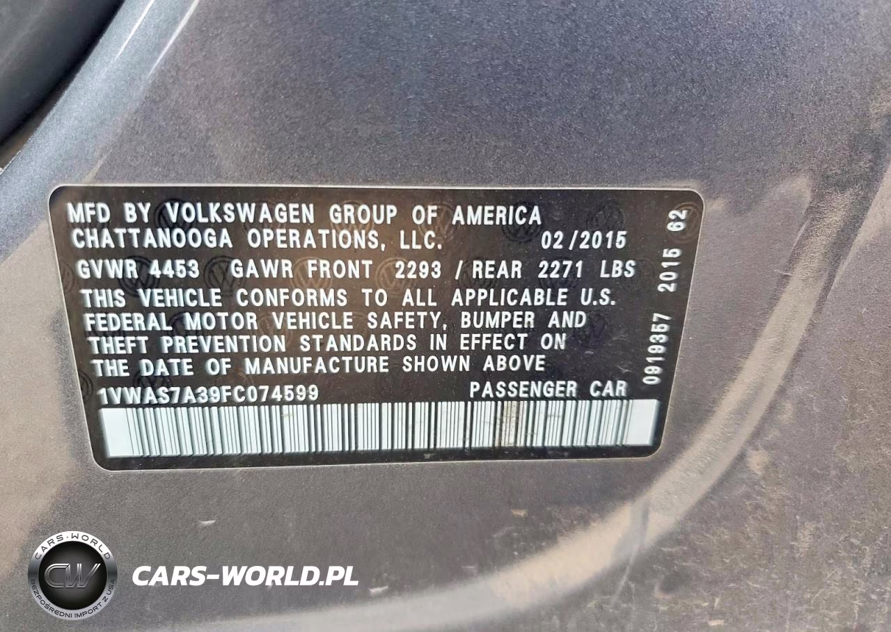 2015 Volkswagen Passat S VIN:1VWAS7A39FC074599 - 12