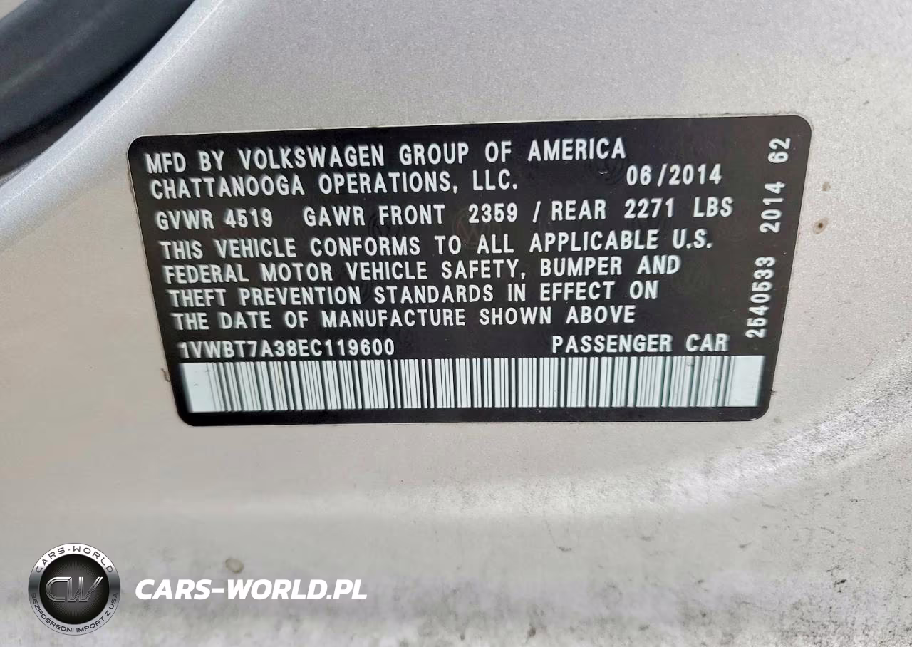 2014 Volkswagen Passat Se VIN:1VWBT7A38EC119600 - 12