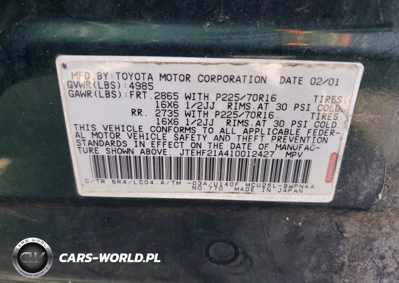 2001 Toyota Highlander Base VIN:JTEHF21A410012427 - 13