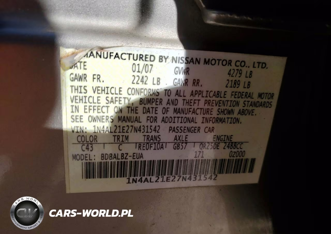 2007 Nissan Altima 2.5 VIN:1N4AL21E27N431542 - 12