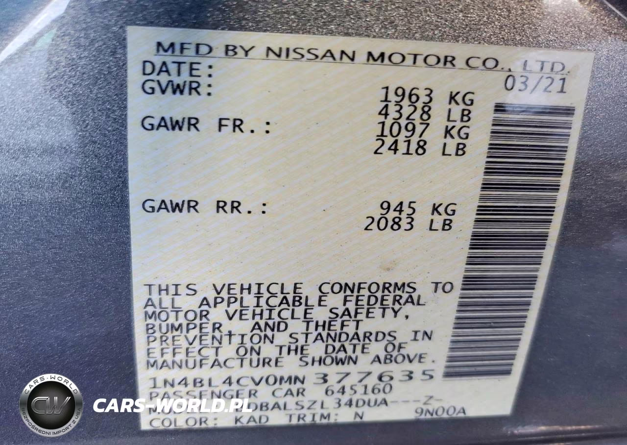 2021 Nissan Altima Sr VIN:1N4BL4CV0MN377635 - 12