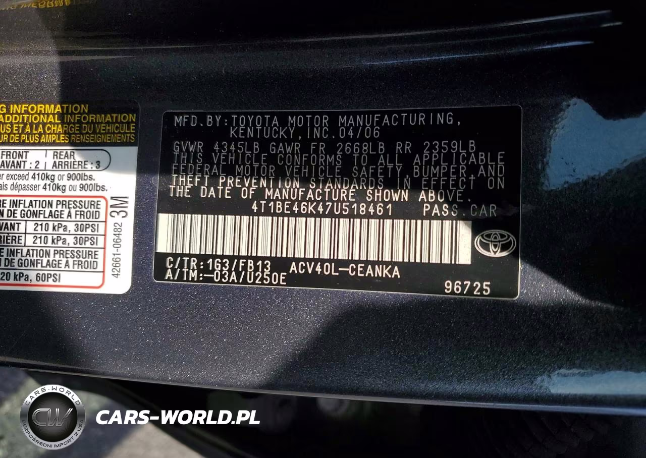 2007 Toyota Camry Le VIN:4T1BE46K47U518461 - 12