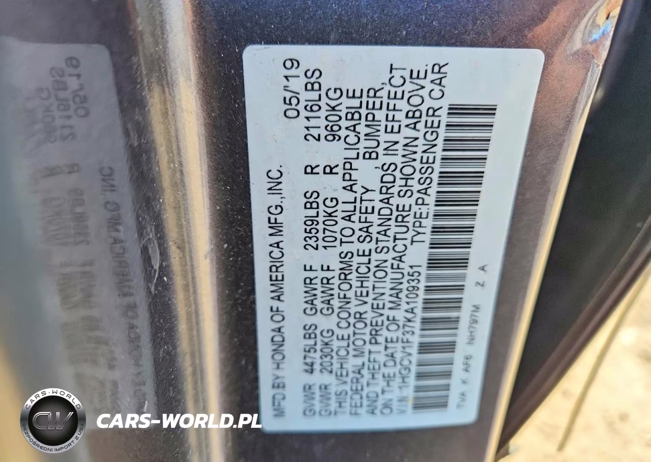 2019 Honda Accord Sport VIN:1HGCV1F37KA109351 - 12