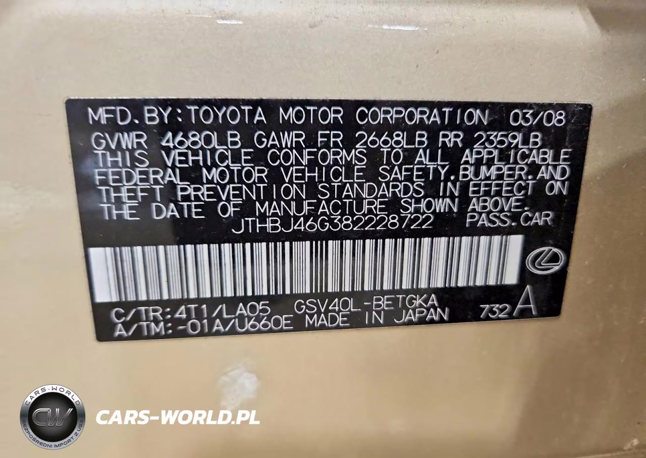 2008 Lexus Es 350 Base VIN:JTHBJ46G382228722 - 12