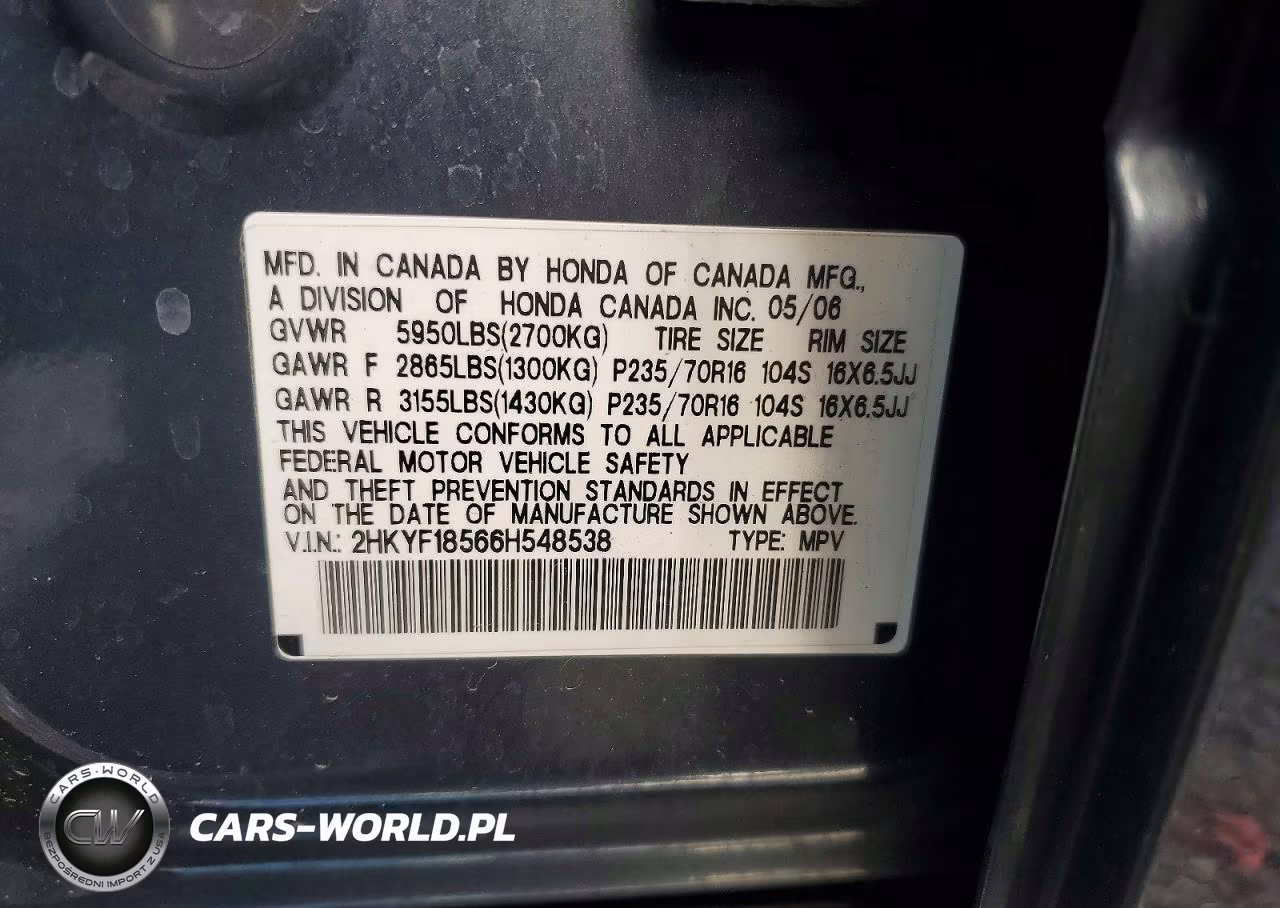 2006 Honda Pilot Ex VIN:2HKYF18566H548538 - 13