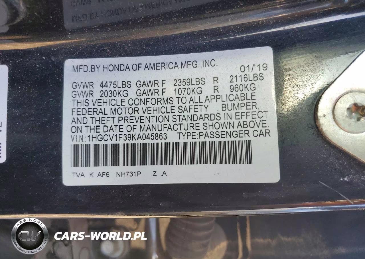 2019 Honda Accord Sport VIN:1HGCV1F39KA045863 - 12