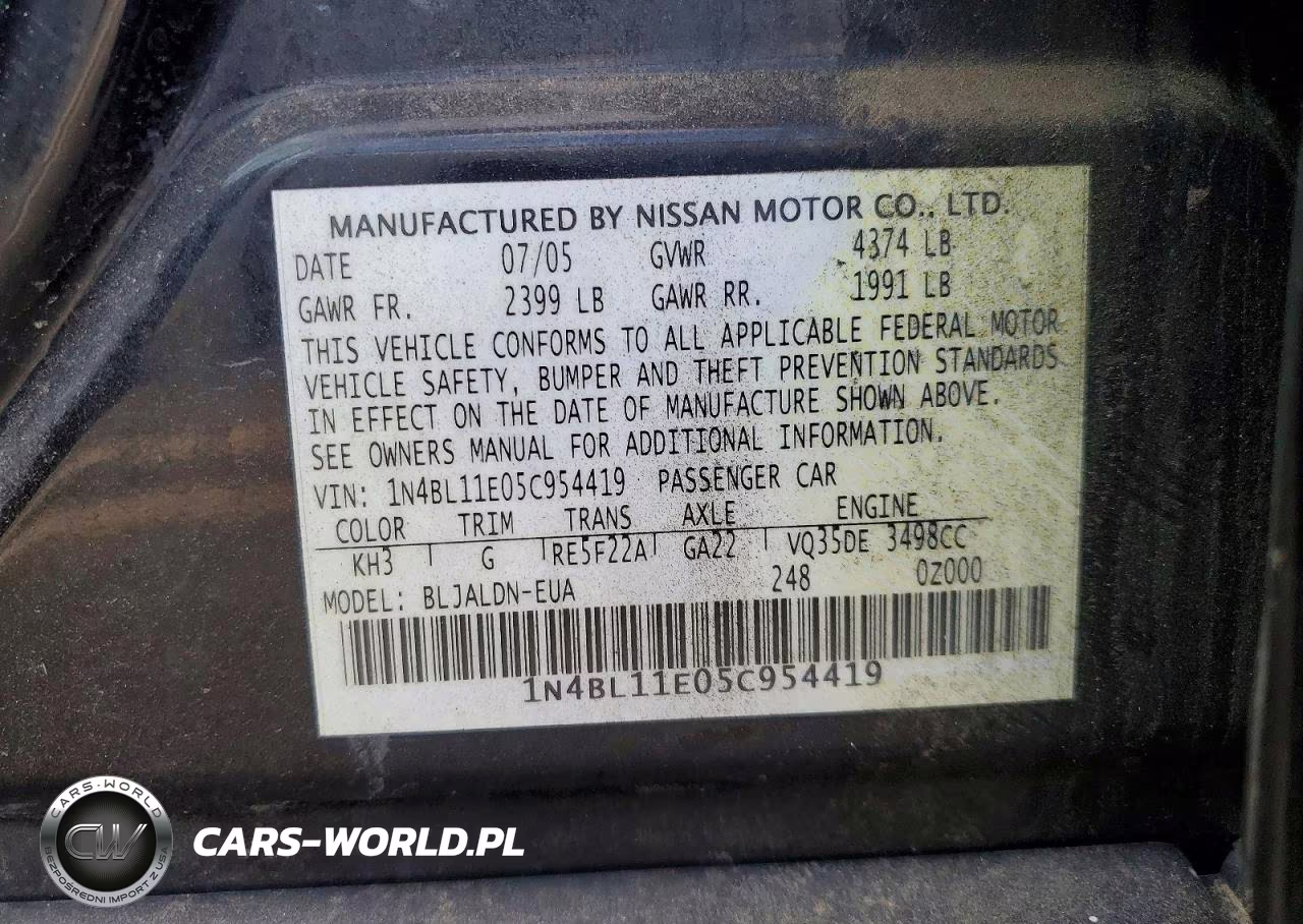 2005 Nissan Altima 3.5 Se VIN:1N4BL11E05C954419 - 13