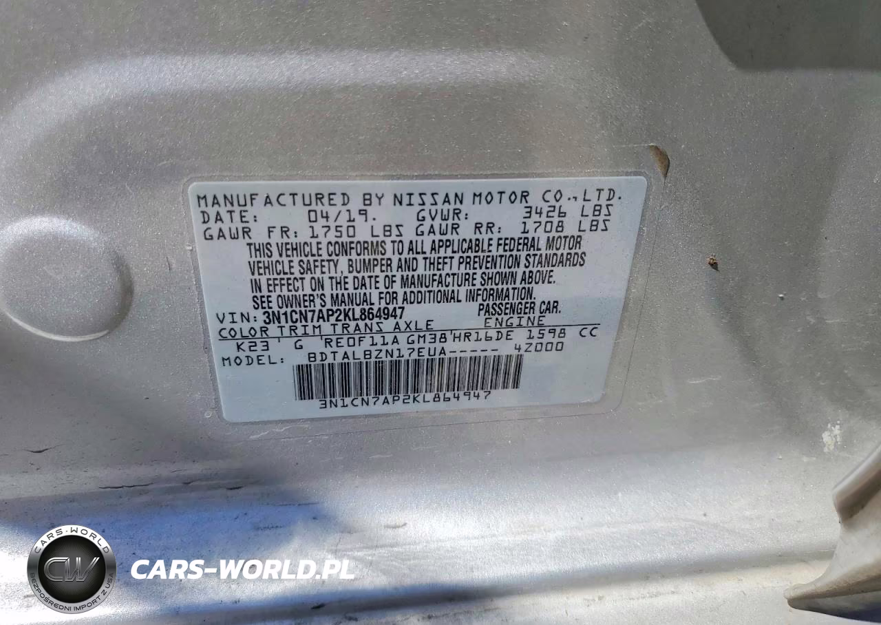 2019 Nissan Versa Sv VIN:3N1CN7AP2KL864947 - 12