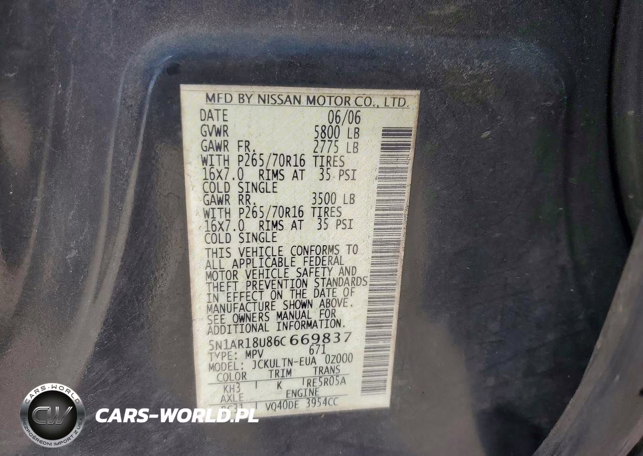 2006 Nissan Pathfinder S VIN:5N1AR18U86C669837 - 13