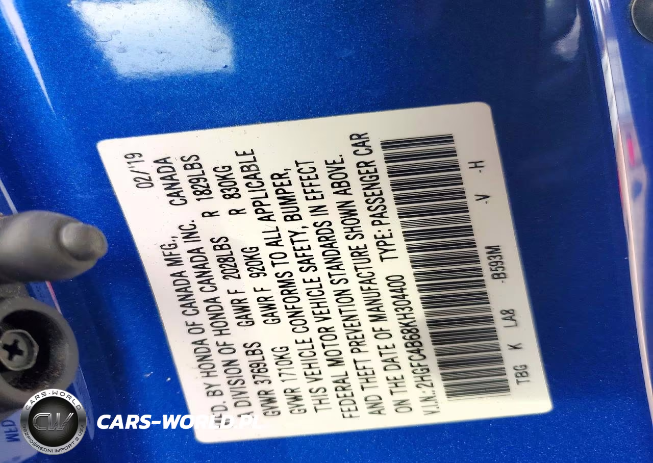 2019 Honda Civic Lx VIN:2HGFC4B68KH304400 - 13