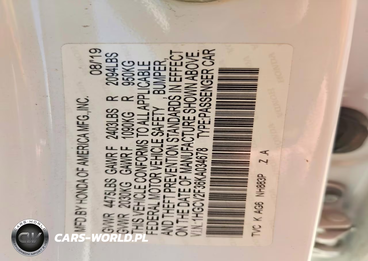 2019 Honda Accord Sport VIN:1HGCV2F36KA034678 - 12