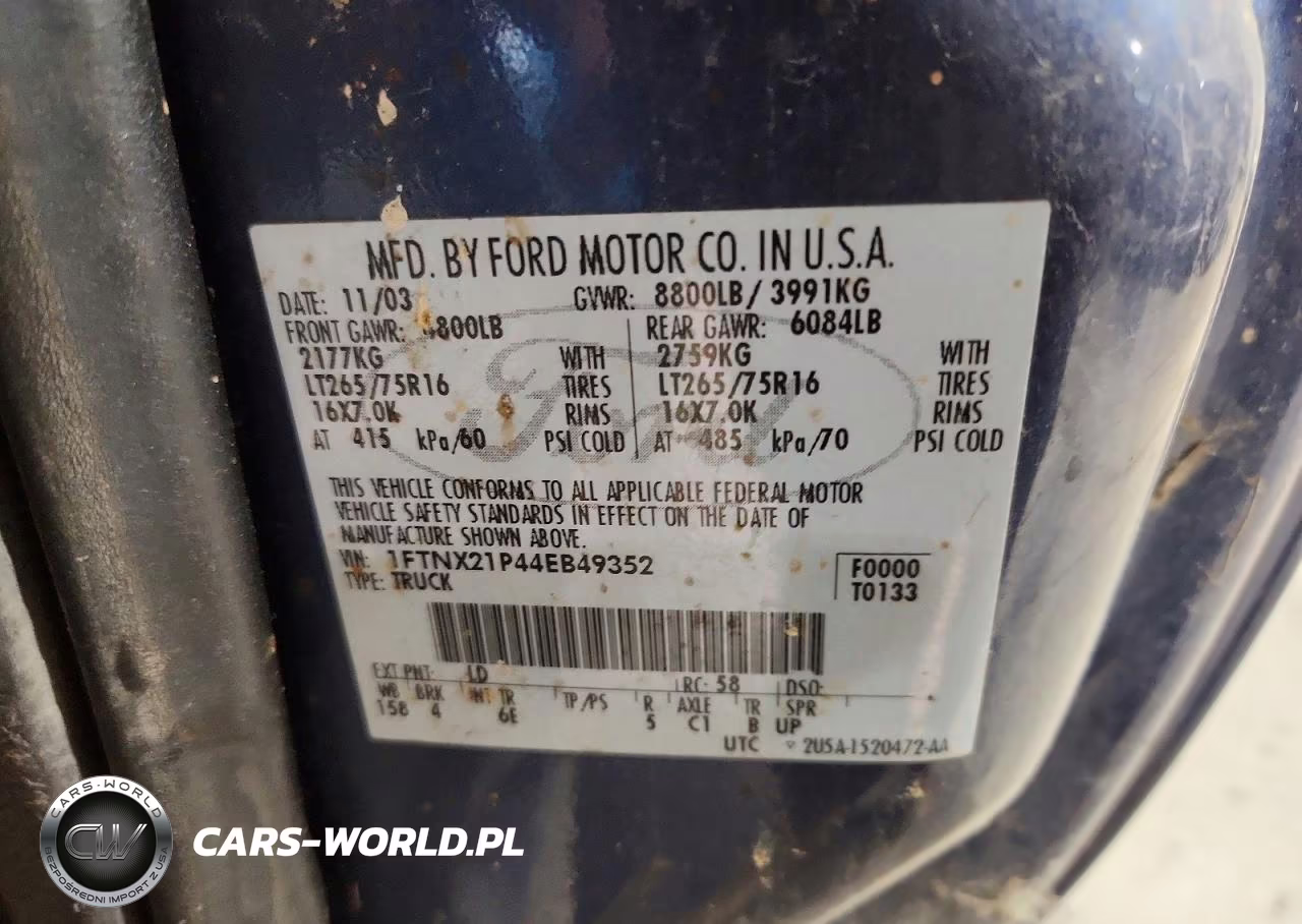 2004 Ford F250 Super Duty VIN:1FTNX21P44EB49352 - 12