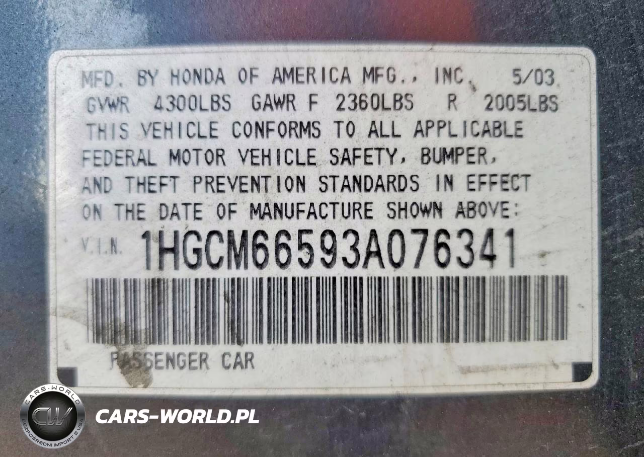 2003 Honda Accord Ex VIN:1HGCM66593A076341 - 12