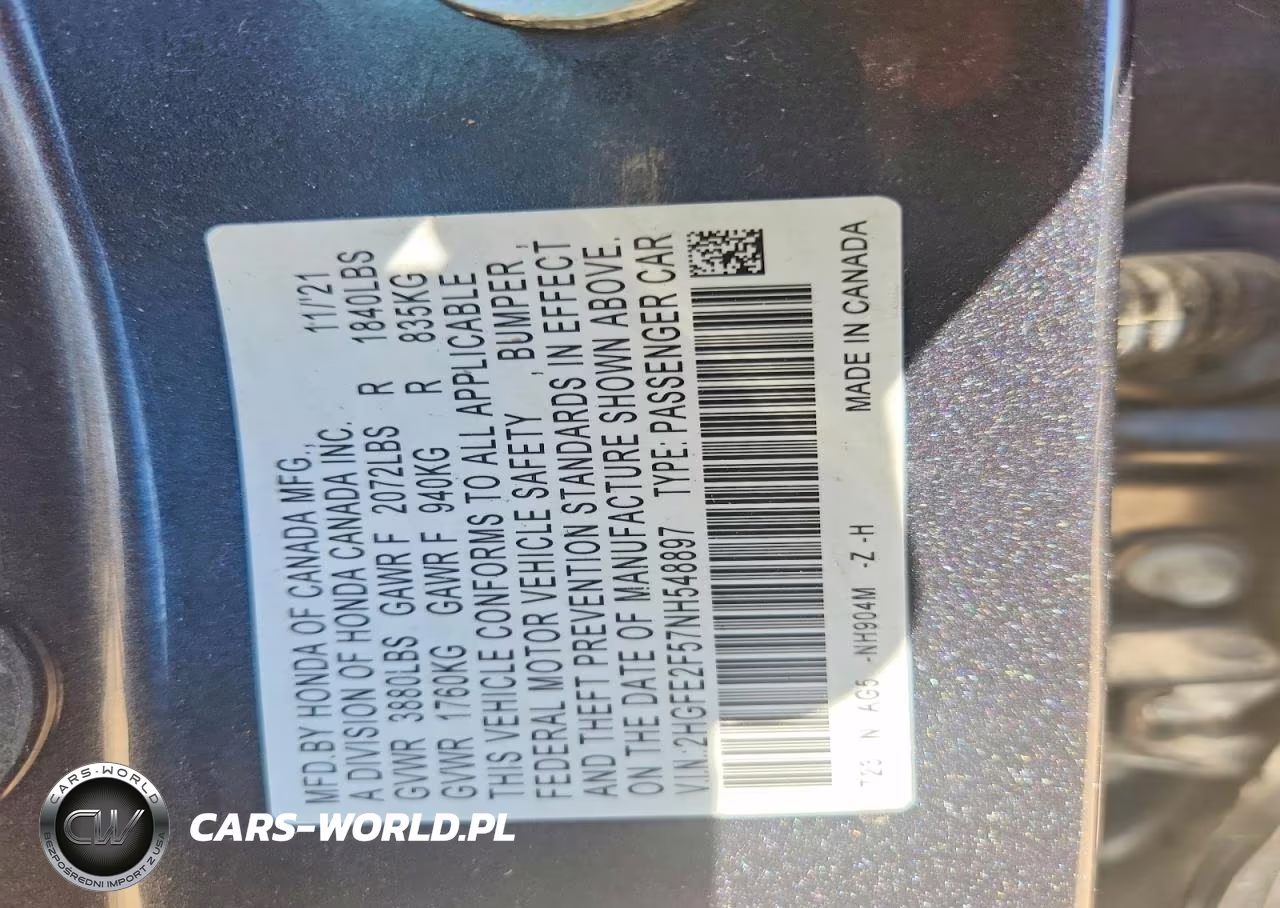 2022 Honda Civic Sport VIN:2HGFE2F57NH548897 - 12