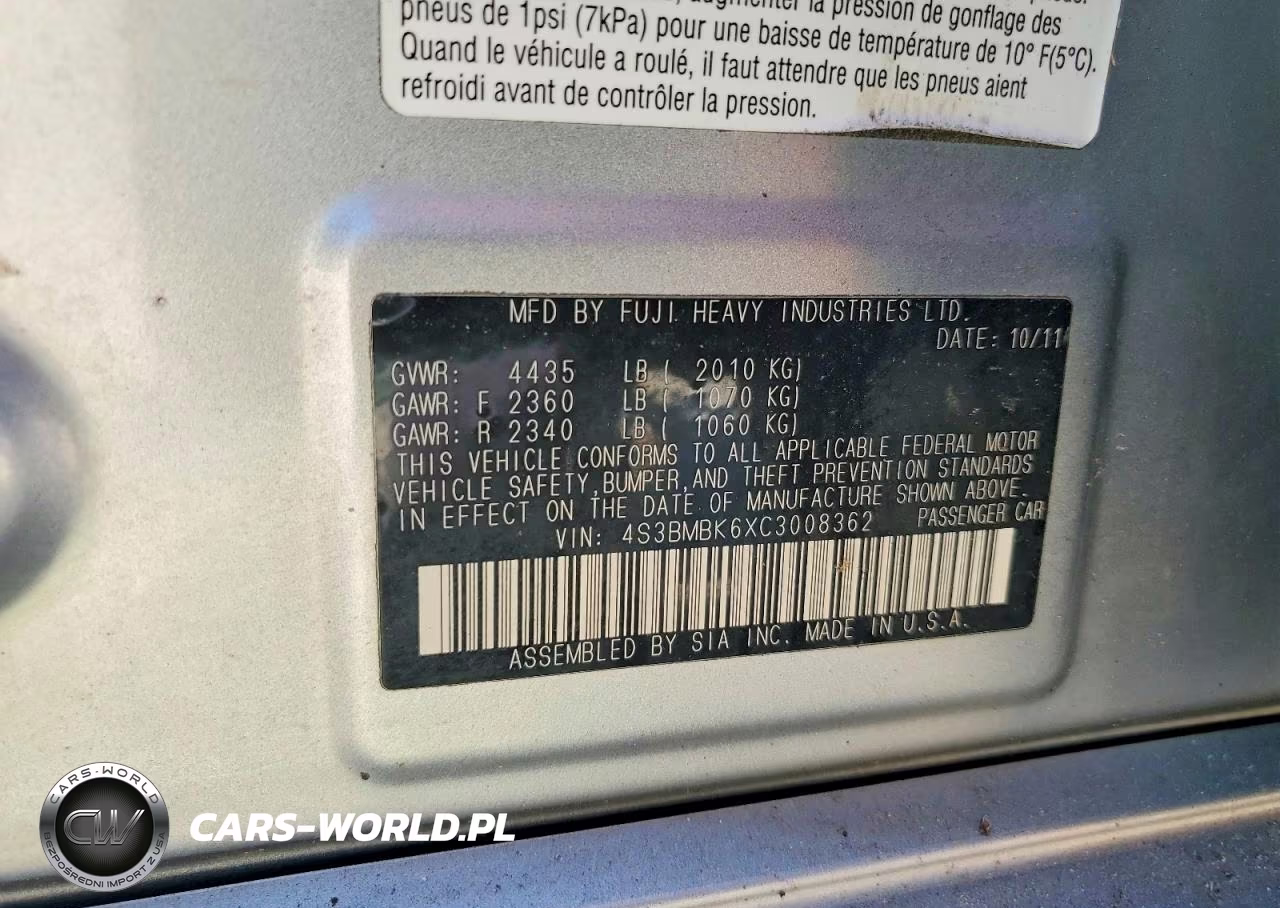 2012 Subaru Legacy 2.5I Limited VIN:4S3BMBK6XC3008362 - 12