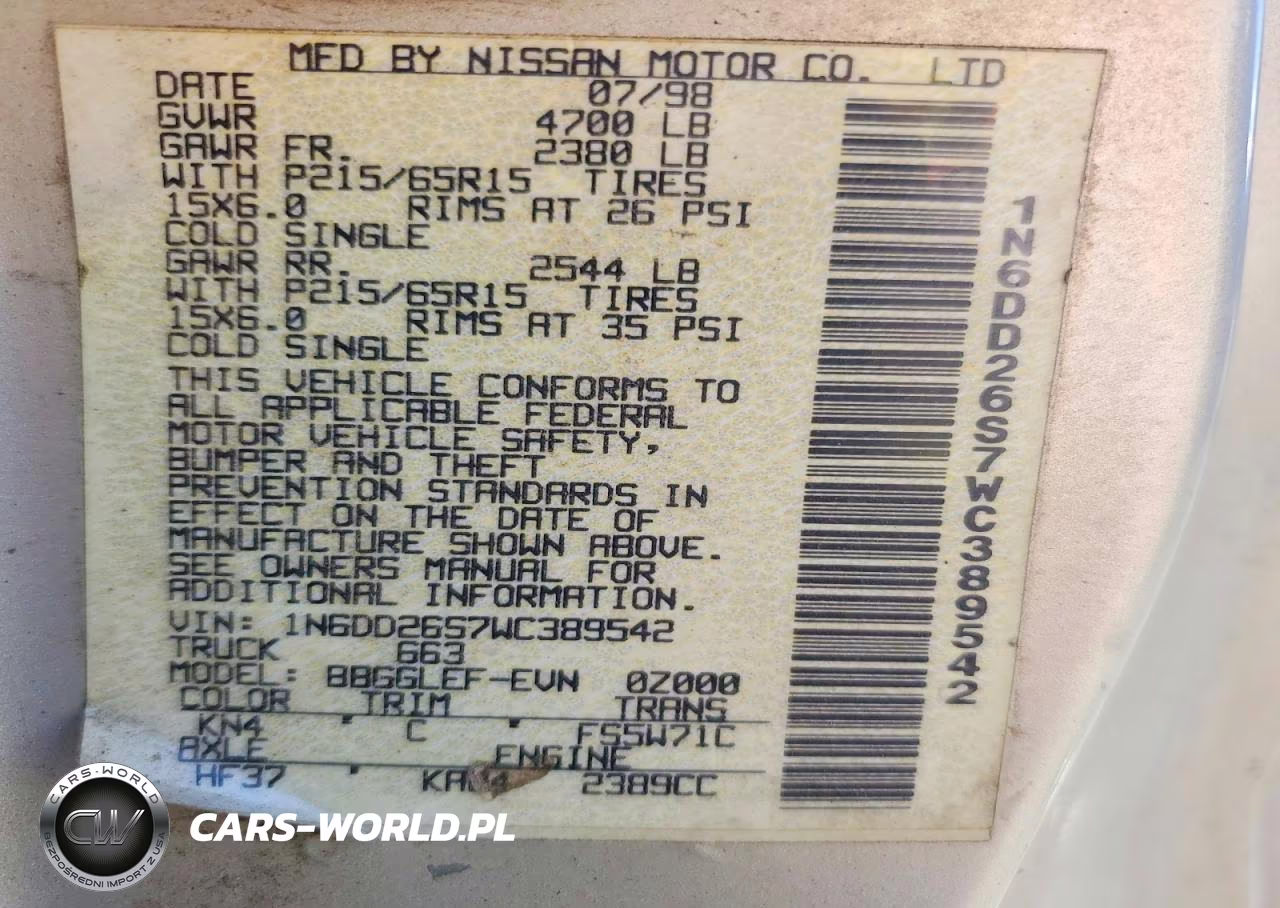 1998 Nissan Frontier Xe VIN:1N6DD26S7WC389542 - 12