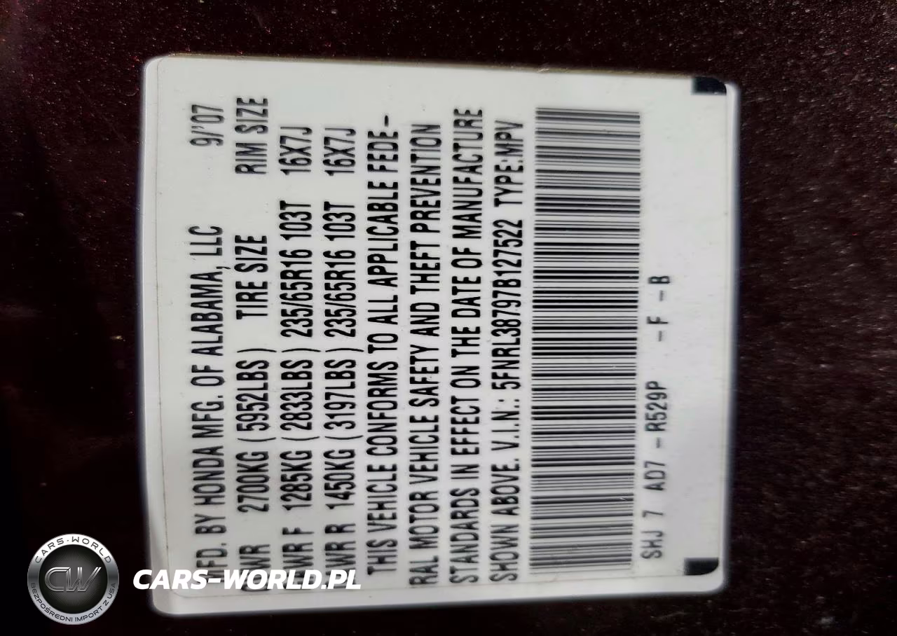 2007 Honda Odyssey Exl VIN:5FNRL38797B127522 - 13
