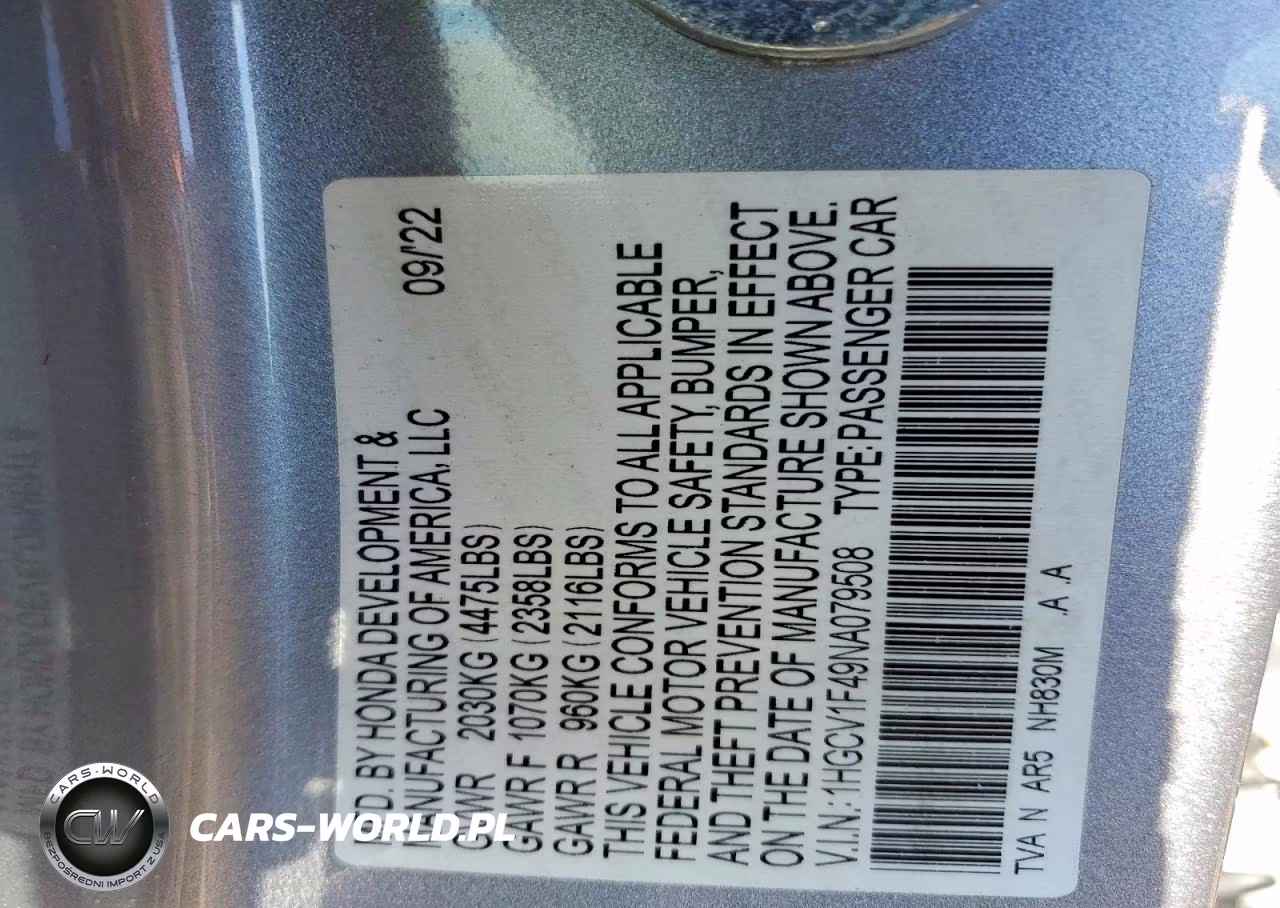 2022 Honda Accord Sport Se VIN:1HGCV1F49NA079508 - 12