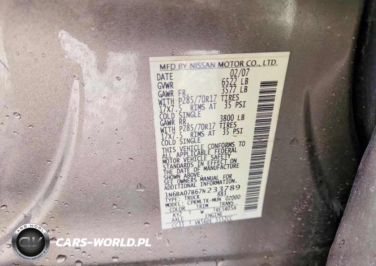 2007 Nissan Titan Xe Ffv VIN:1N6BA07B67N233789 - 12