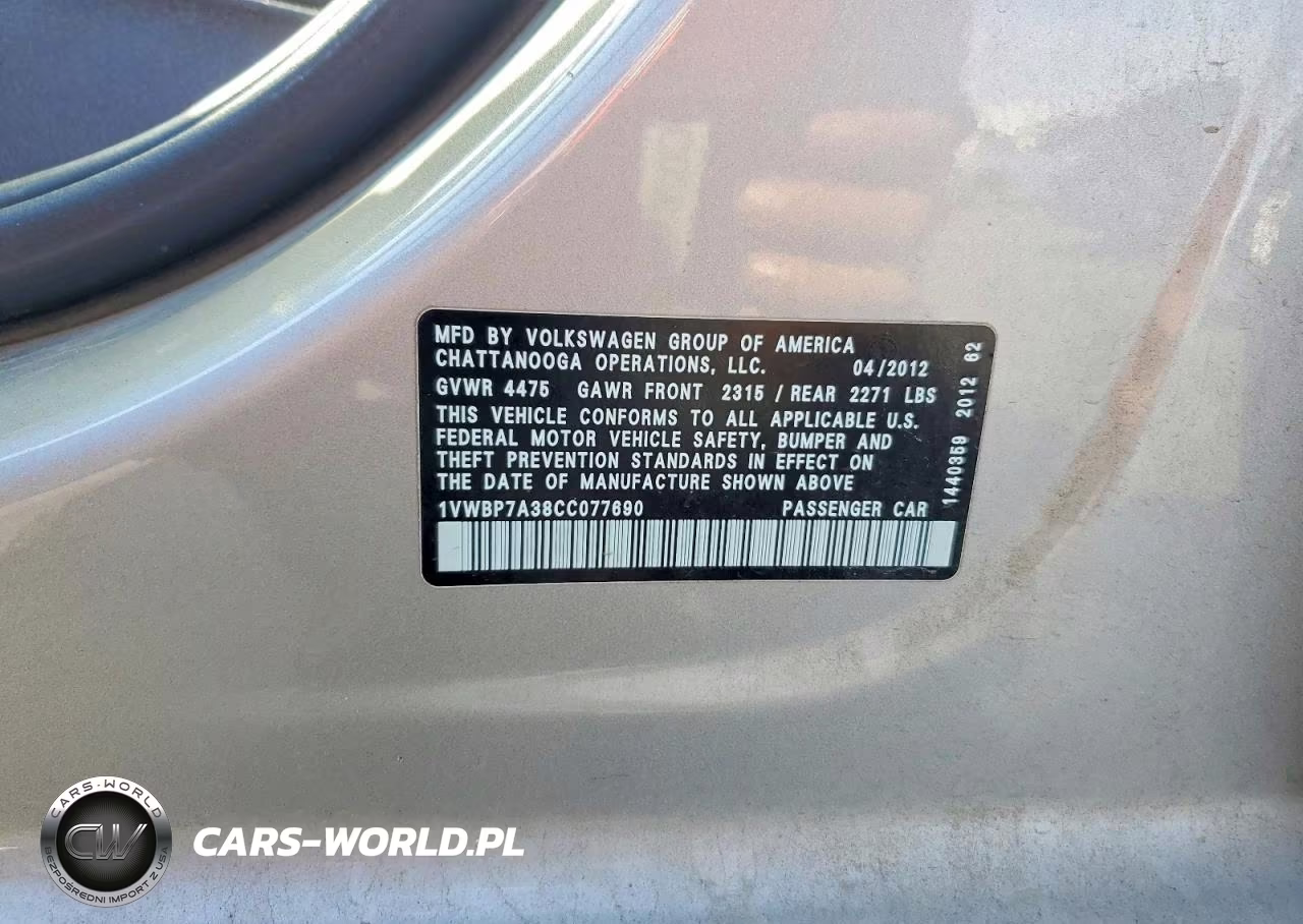 2012 Volkswagen Passat Se VIN:1VWBP7A38CC077690 - 13