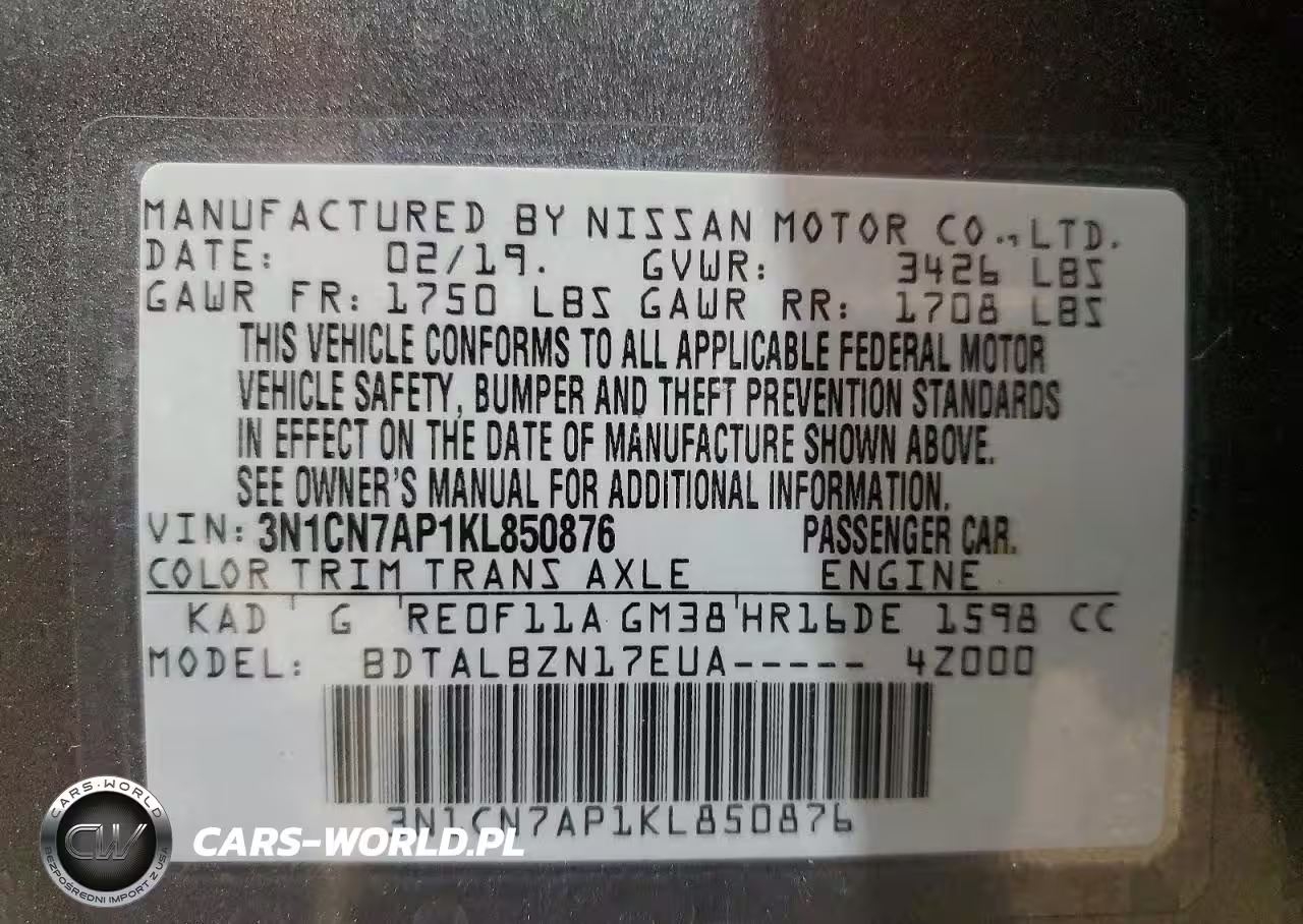 2019 Nissan Versa Sv VIN:3N1CN7AP1KL850876 - 12