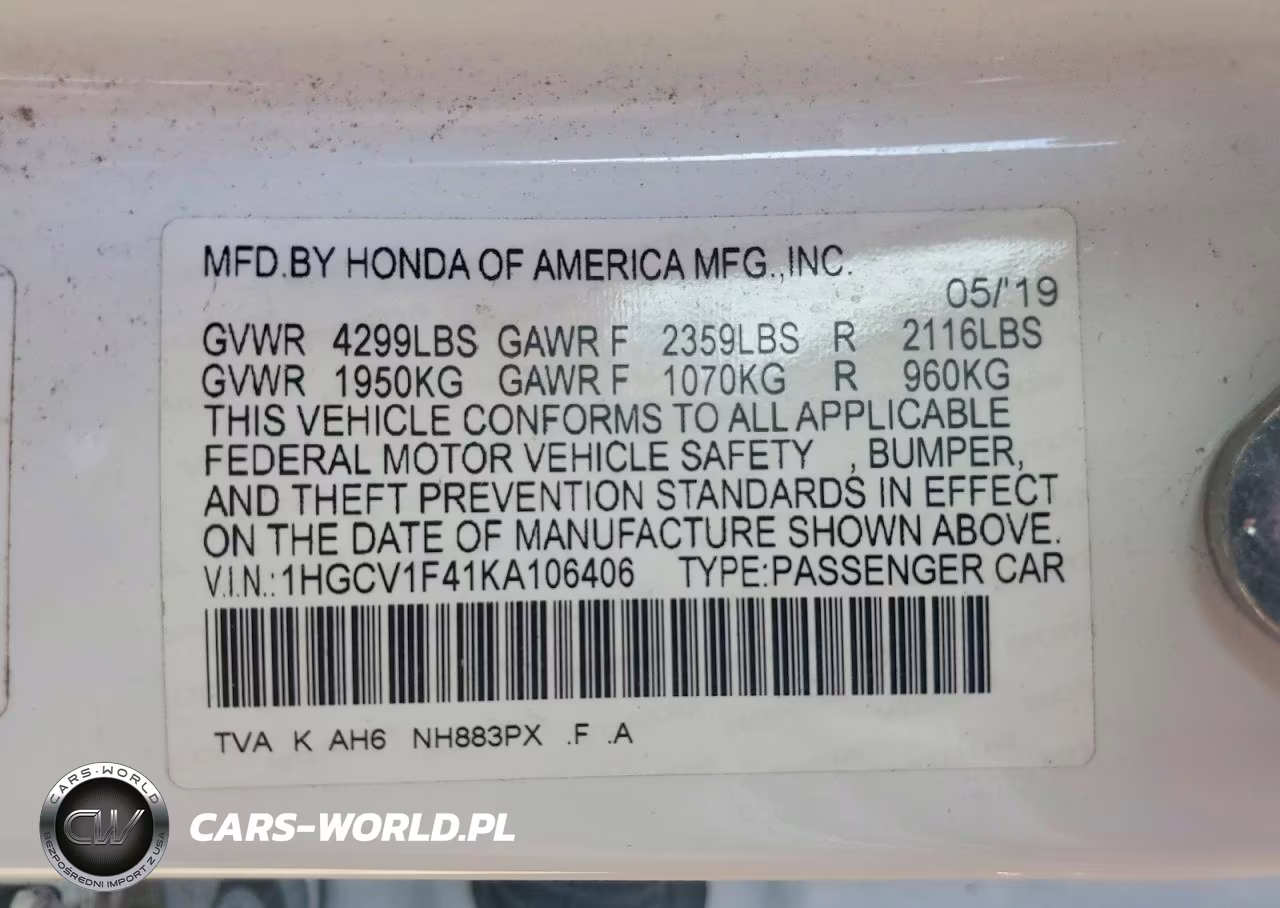 2019 Honda Accord Ex VIN:1HGCV1F41KA106406 - 12