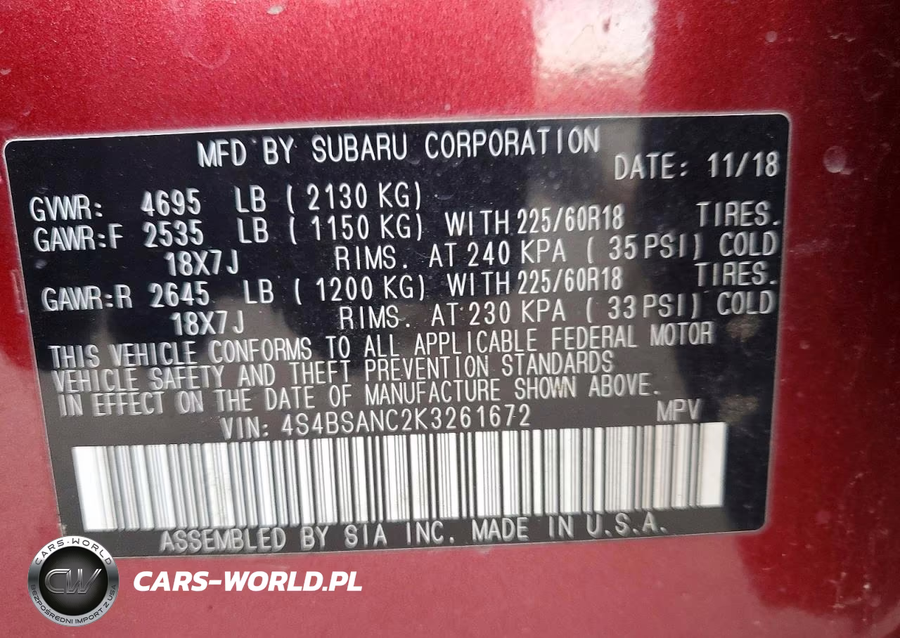 2019 Subaru Outback 2.5I Limited VIN:4S4BSANC2K3261672 - 12