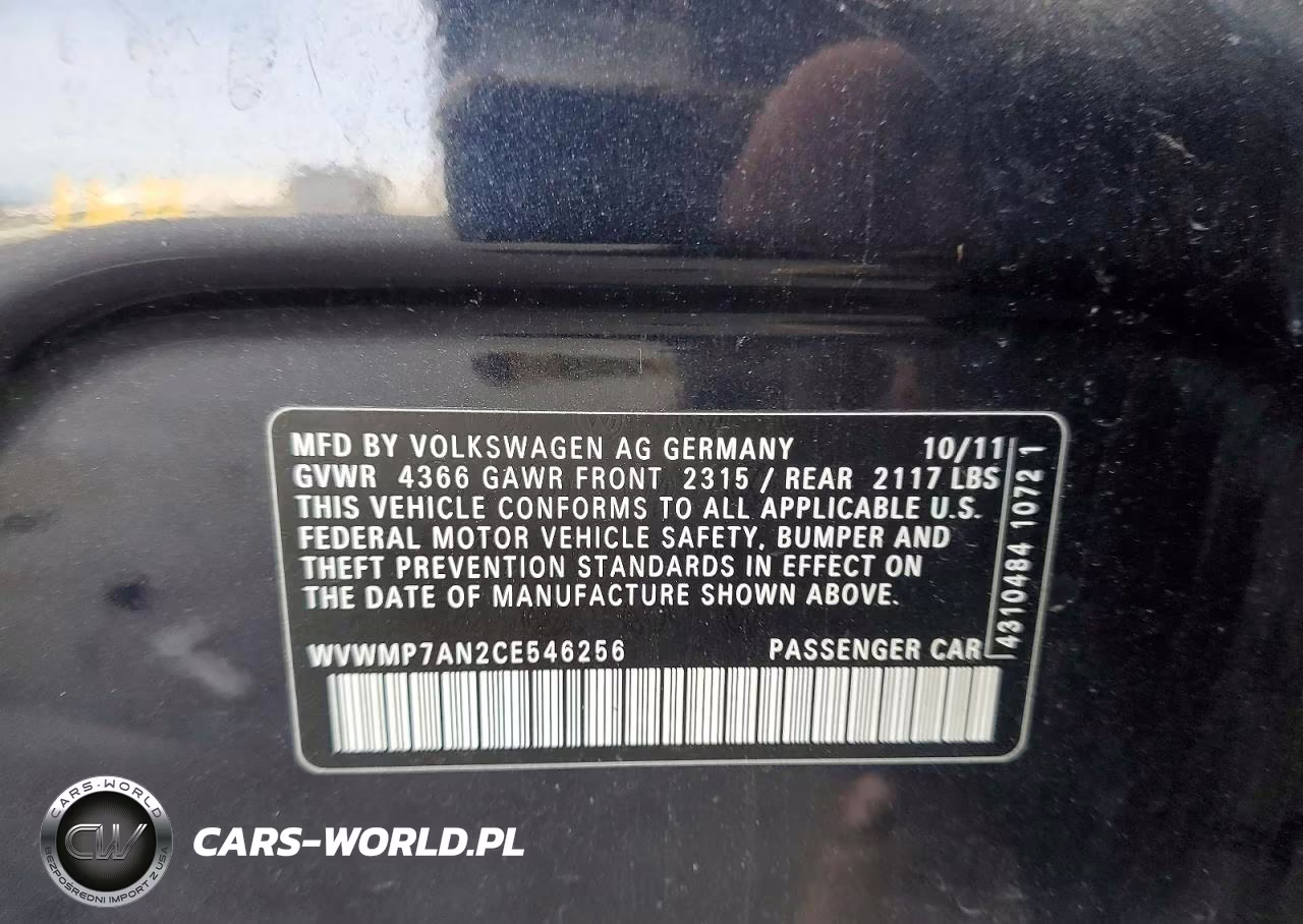 2012 Volkswagen Cc Sport VIN:WVWMP7AN2CE546256 - 12
