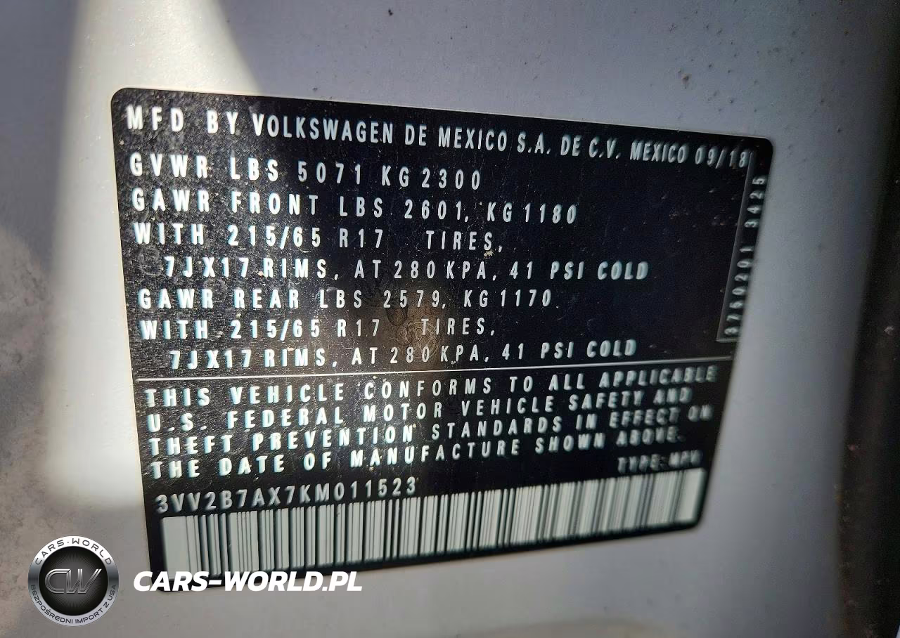 2019 Volkswagen Tiguan Se VIN:3VV2B7AX7KM011523 - 14