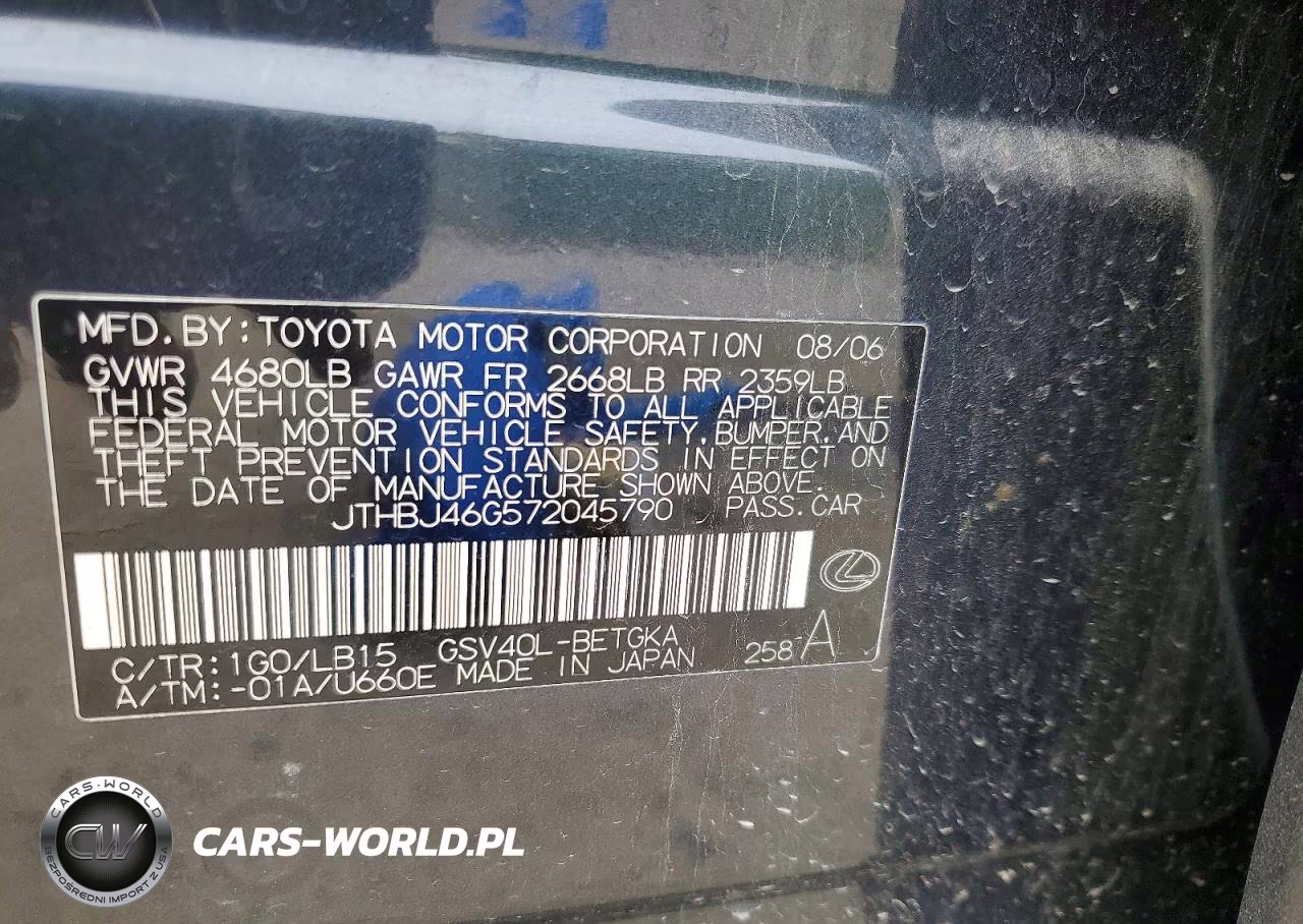2007 Lexus Es 350 Base VIN:JTHBJ46G572045790 - 12