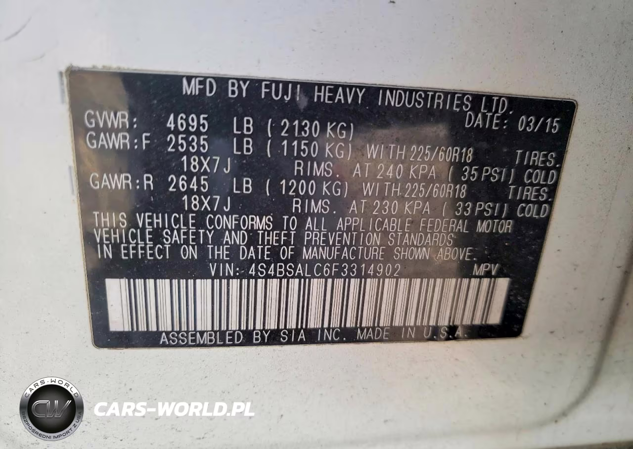 2015 Subaru Outback 2.5I Limited VIN:4S4BSALC6F3314902 - 13