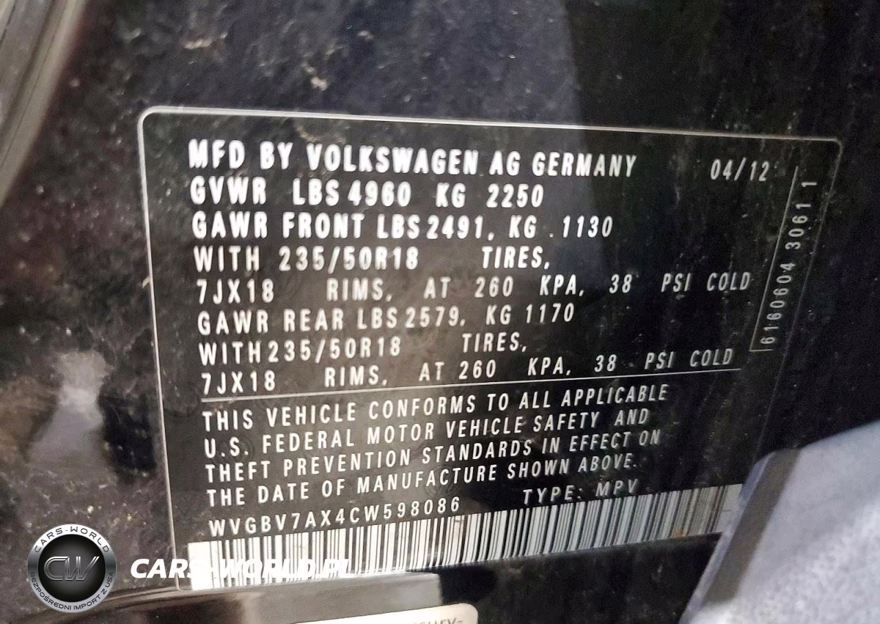 2012 Volkswagen Tiguan S VIN:WVGBV7AX4CW598086 - 13
