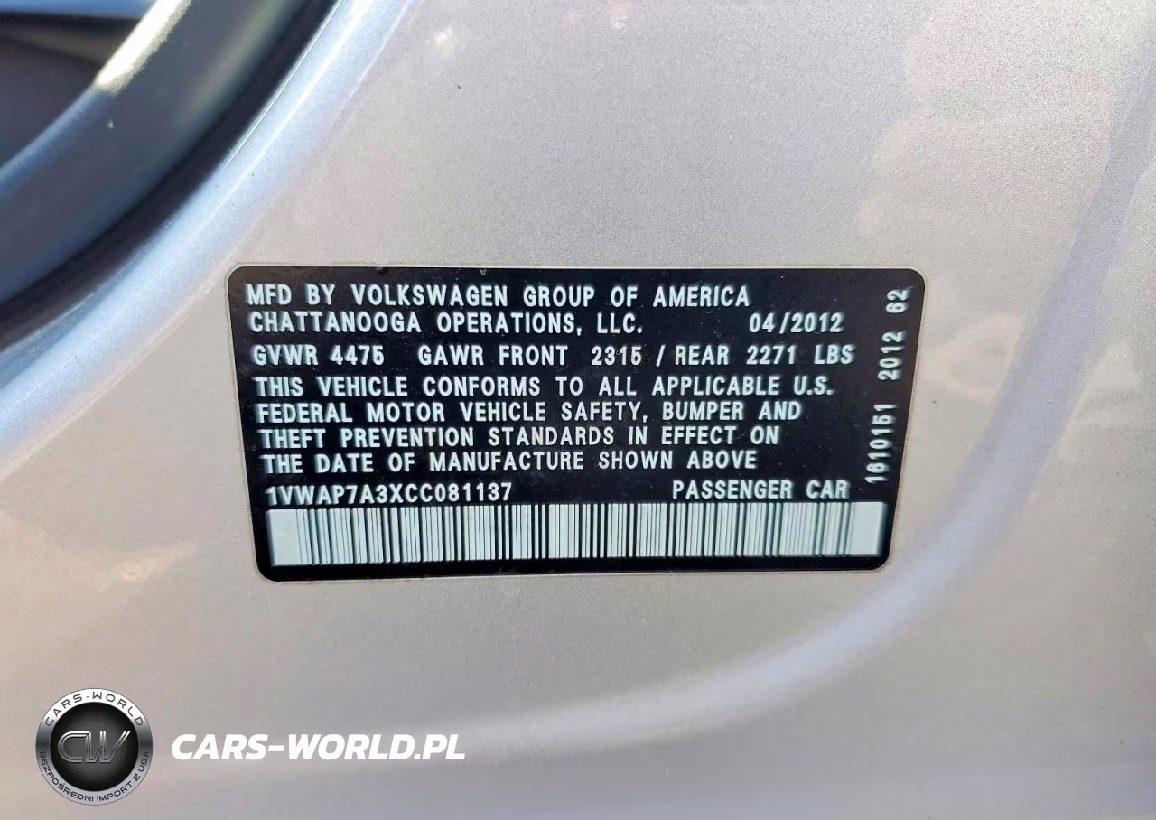 2012 Volkswagen Passat S VIN:1VWAP7A3XCC081137 - 12