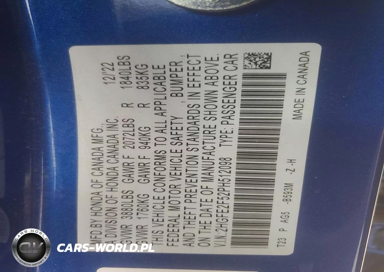 2023 Honda Civic Sport VIN:2HGFE2F52PH512098 - 13