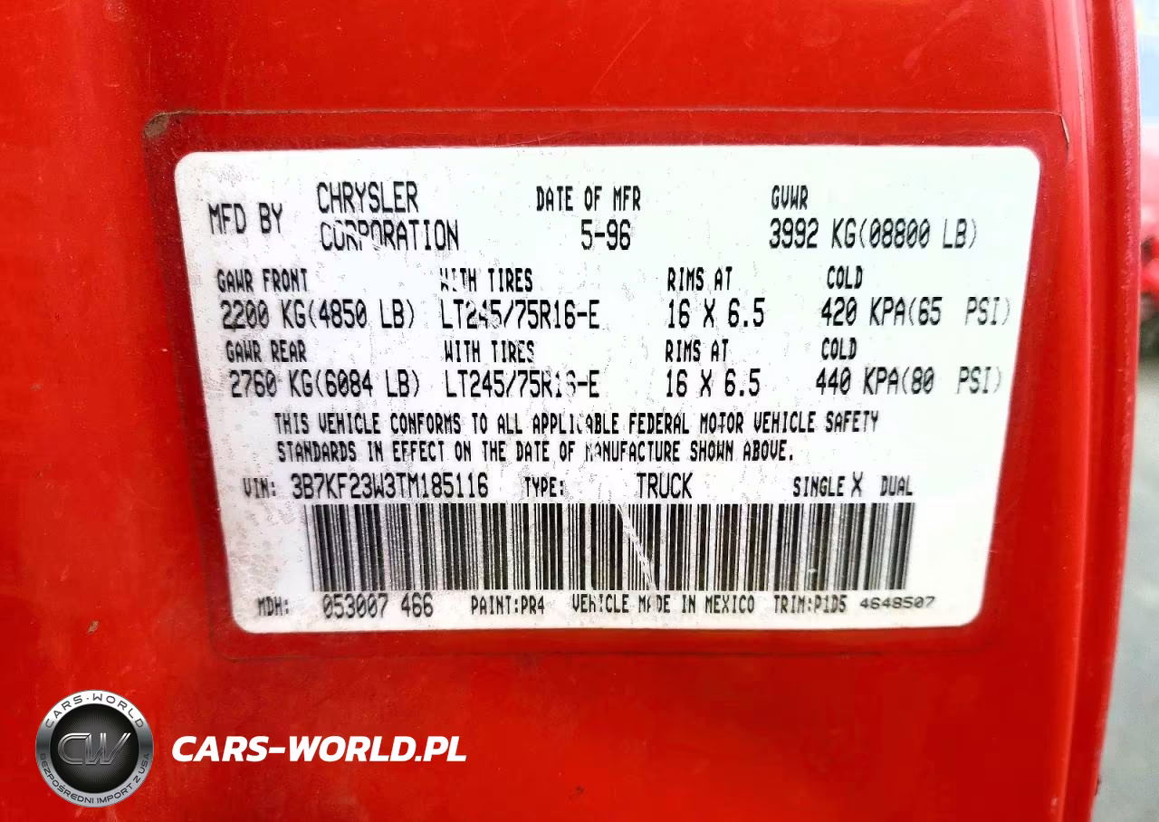 1996 Dodge Ram 2500 VIN:3B7KF23W3TM185116 - 12