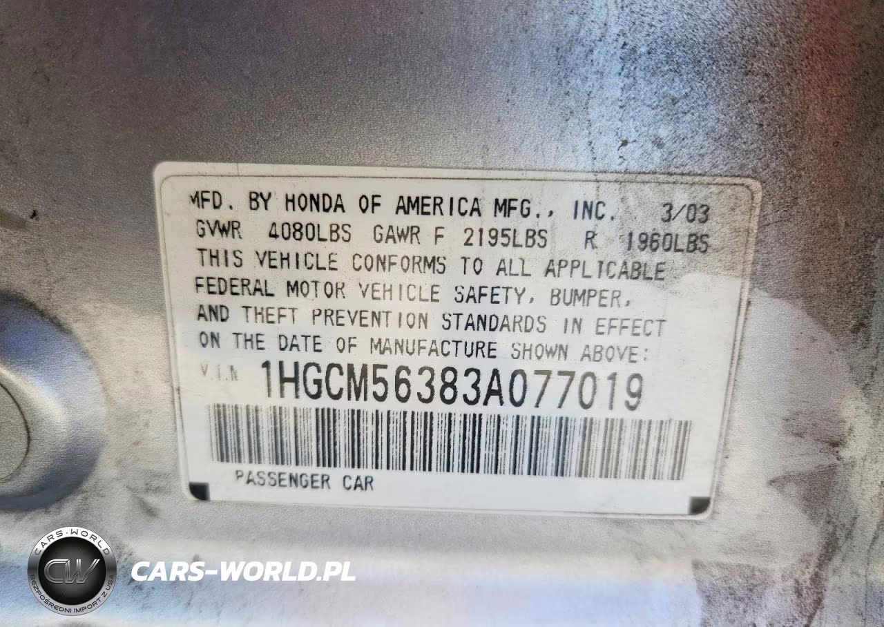 2003 Honda Accord Lx VIN:1HGCM56383A077019 - 13