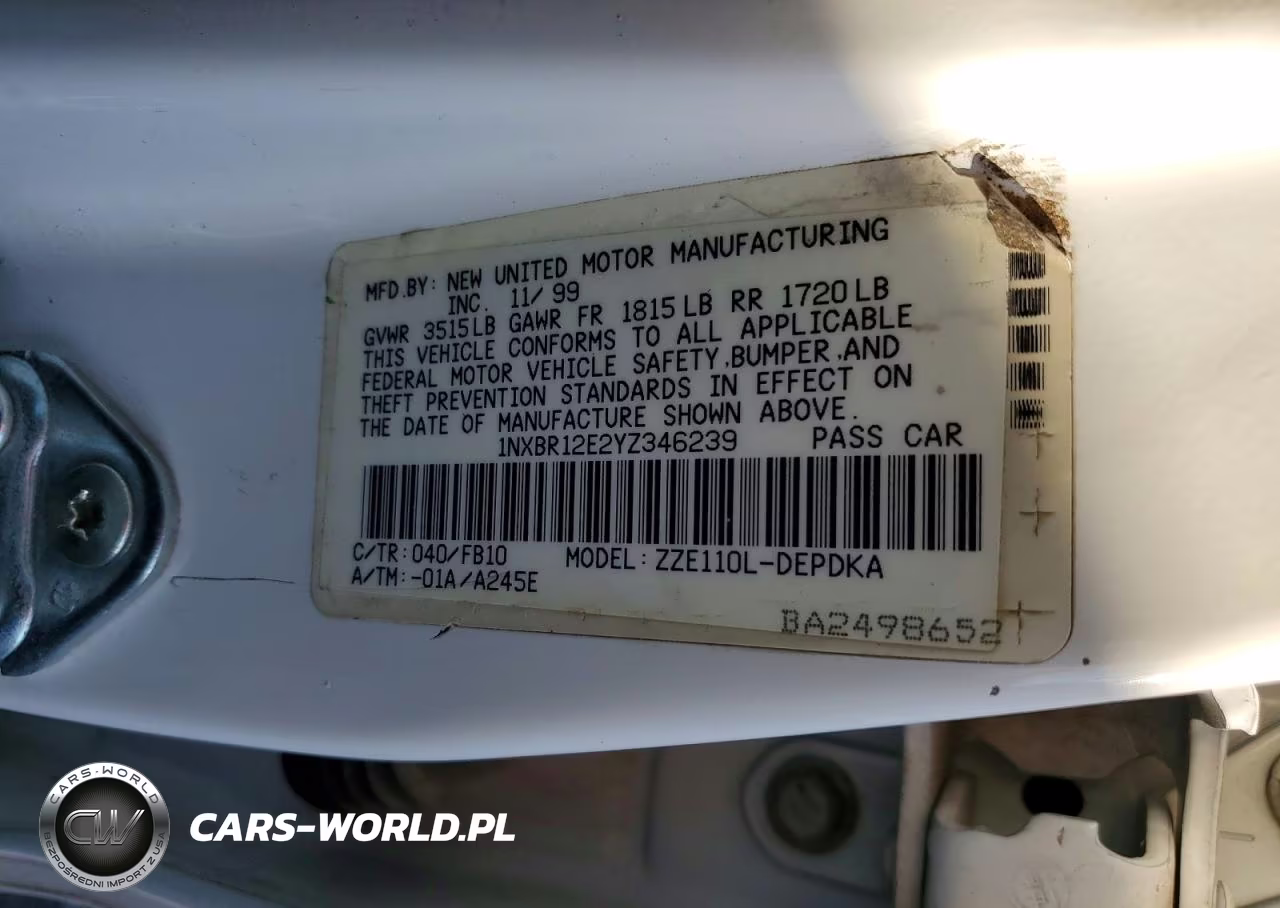 2000 Toyota Corolla Ve VIN:1NXBR12E2YZ346239 - 12