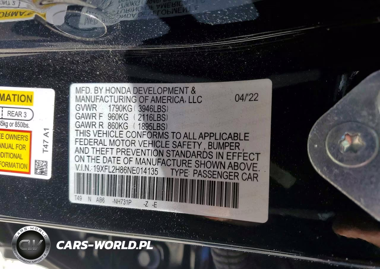 2022 Honda Civic Sport VIN:19XFL2H86NE014135 - 12