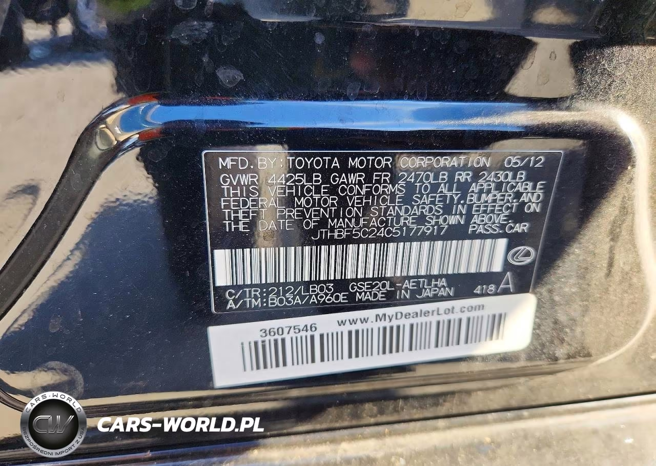 2012 Lexus Is 250 Base VIN:JTHBF5C24C5177917 - 12