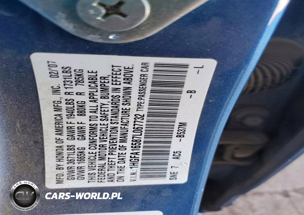 2007 Honda Civic Lx VIN:1HGFA16587L067732 - 12