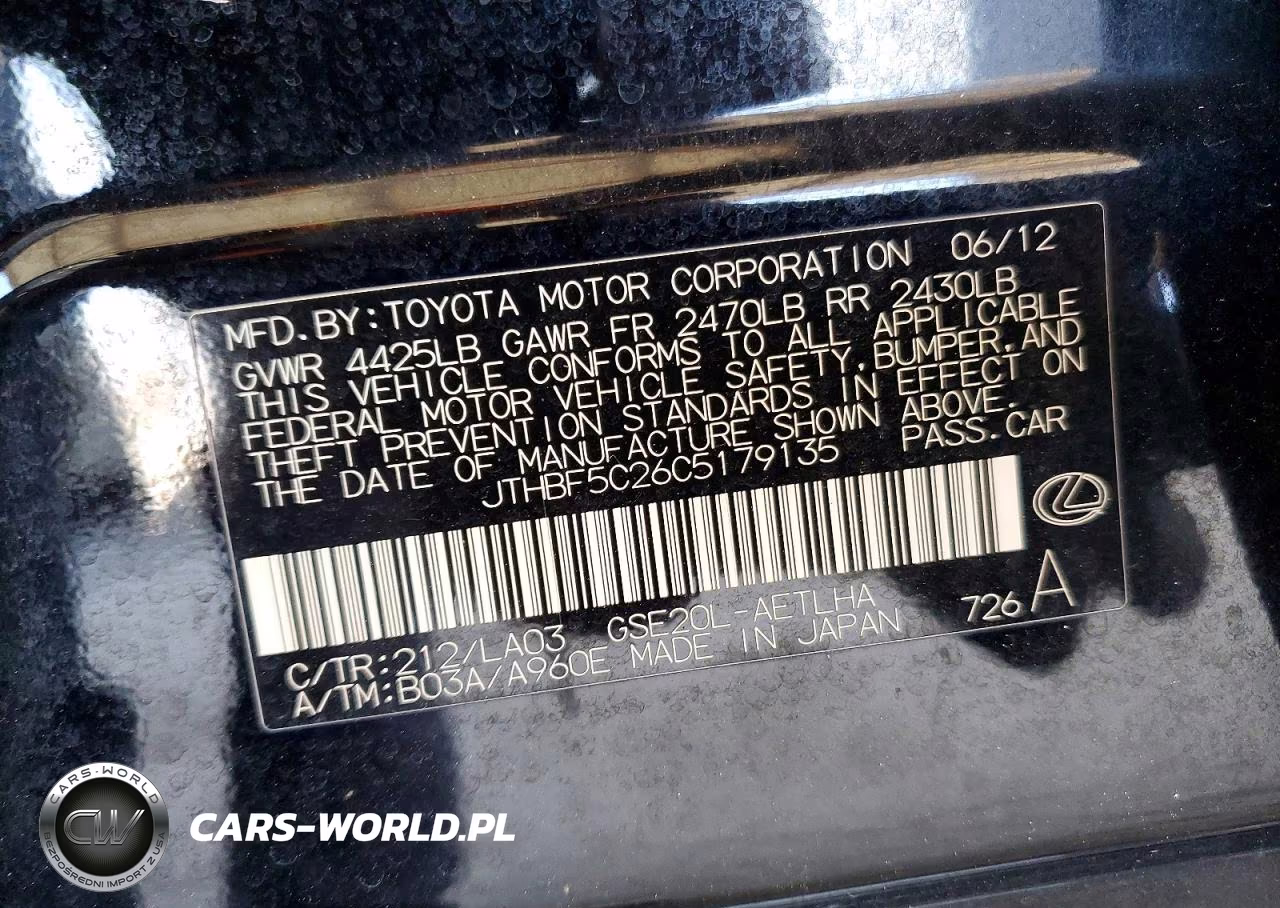 2012 Lexus Is 250 Base VIN:JTHBF5C26C5179135 - 12