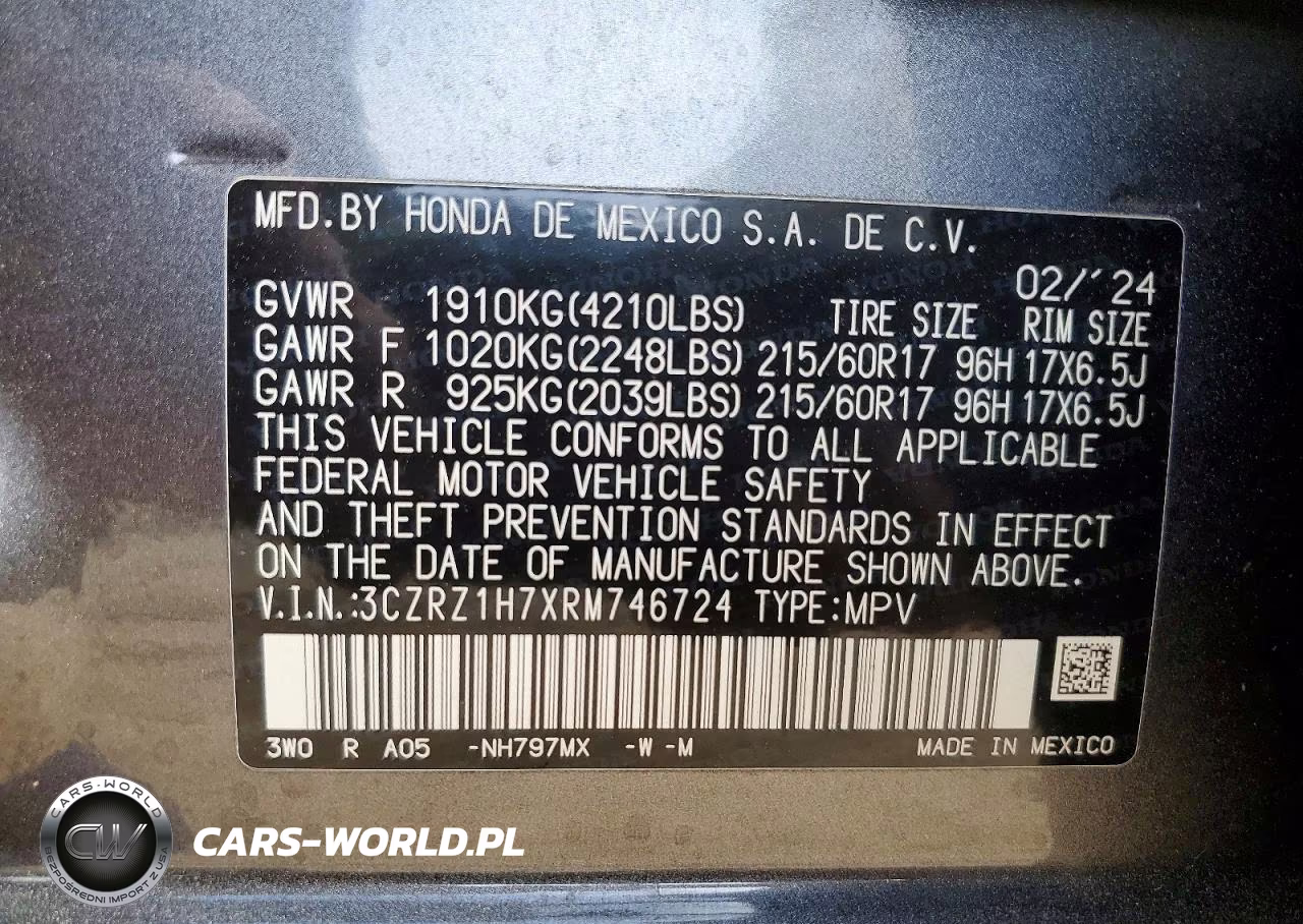 2024 Honda Hr-V Exl VIN:3CZRZ1H7XRM746724 - 13