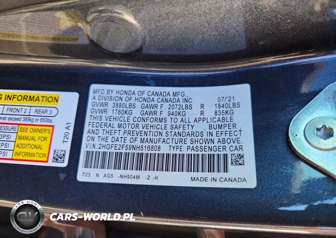 2022 Honda Civic Sport VIN:2HGFE2F59NH516808 - 12