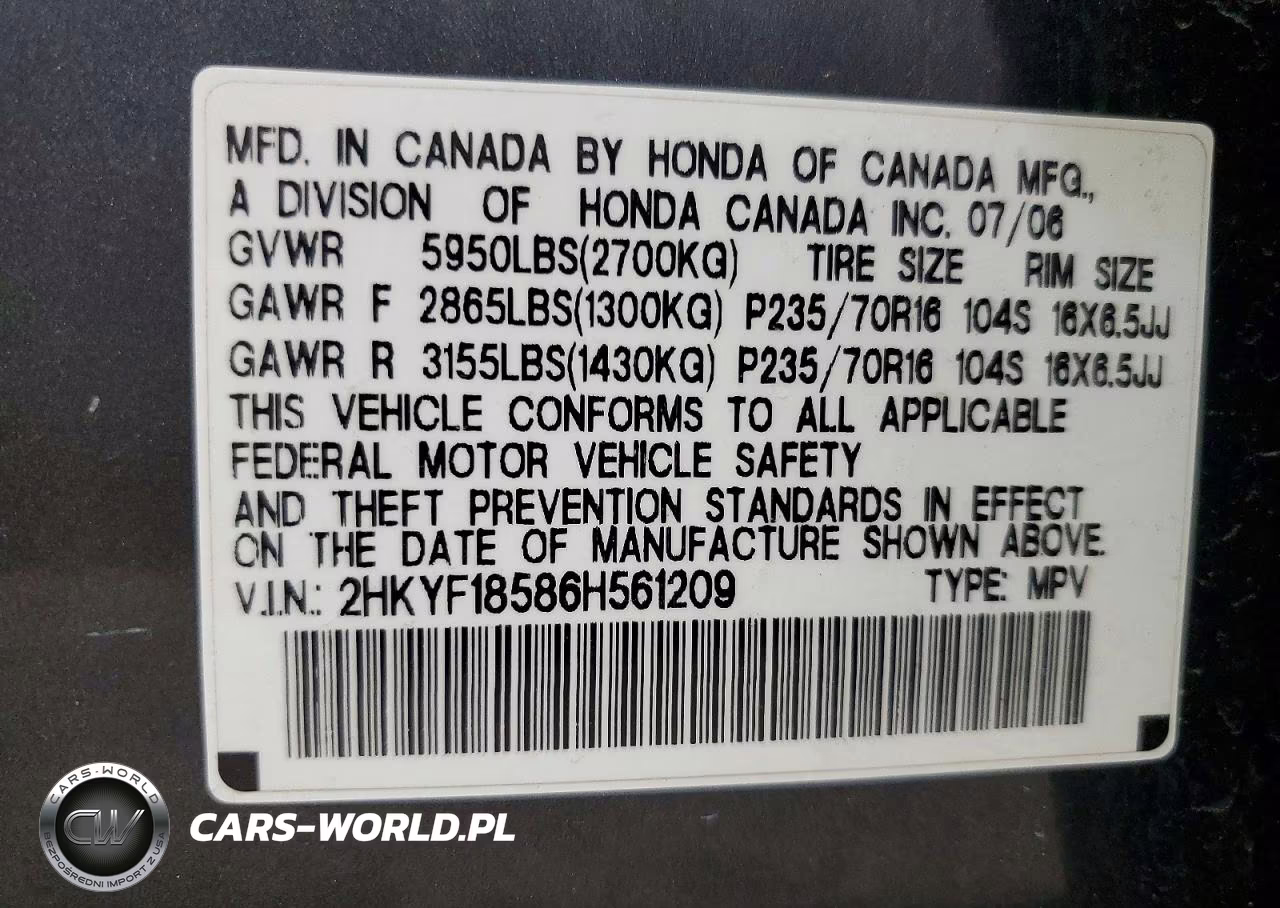 2006 Honda Pilot Ex VIN:2HKYF18586H561209 - 12